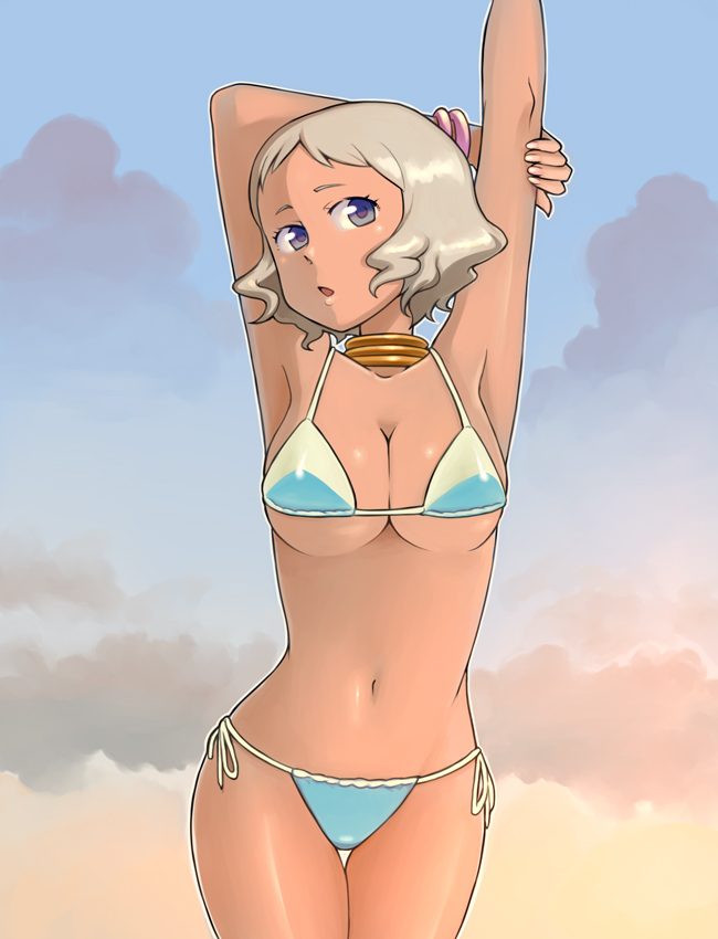 bowieknife, ooba minato, hyakko, 00s, 1girl, :o, armpits, arms behind head, arms up, bikini, blue eyes, breasts, brown hair, choker, cleavage, cloud, cowboy shot, dark-skinned female, dark skin, female focus, large breasts, navel, shiny skin, short hair, side-tie bikini bottom, sky, solo, stretching, sunset, swimsuit, thigh gap, underboob