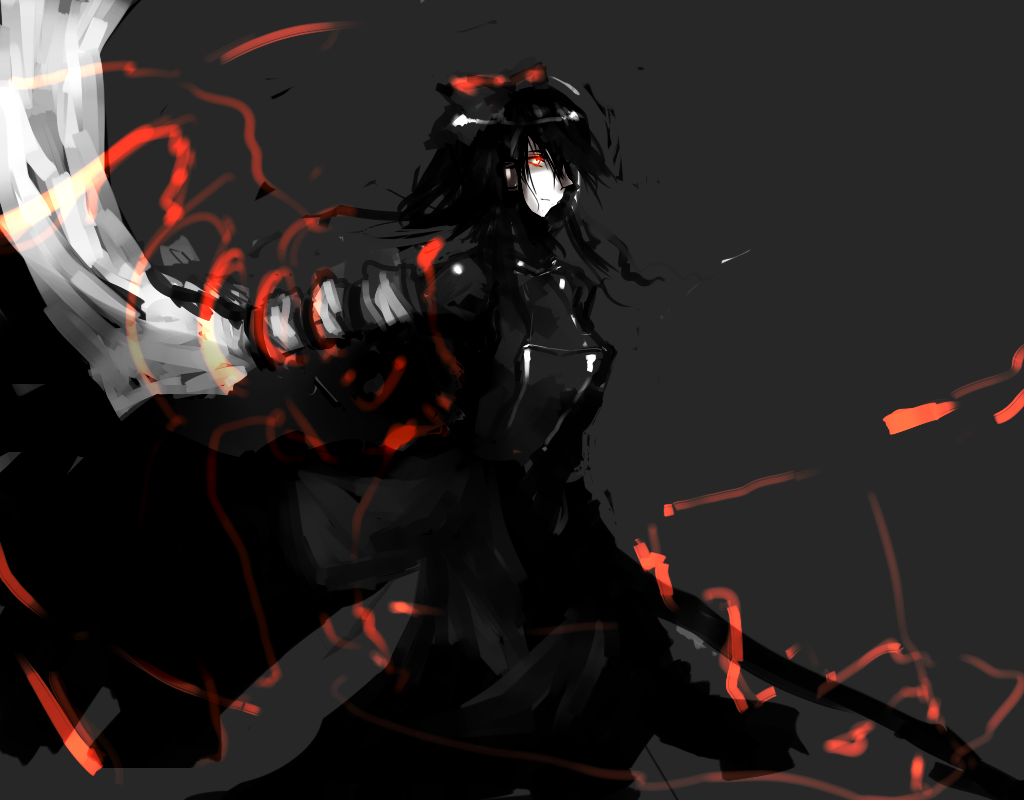 un-known (ninesix), hakurei reimu, touhou, bad id, bad pixiv id, 1girl, black hair, dark, female focus, glowing, glowing eyes, ribbon, short hair, solo