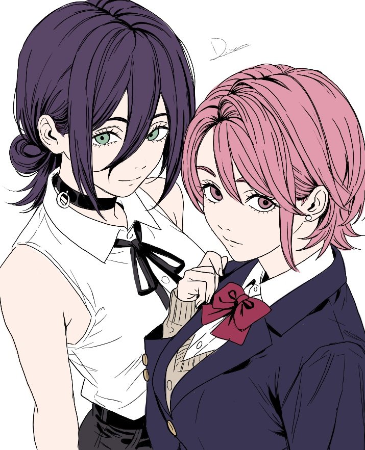 divadiva548447, reze (chainsaw man), shiratori aira (dandadan), chainsaw man, dandadan, 2girls, black choker, black hair, black ribbon, choker, green eyes, grenade pin, hair between eyes, hair bun, multiple girls, neck ribbon, pink eyes, pink hair, pull cord, ribbon, school uniform, shirt, single hair bun, sleeveless, sleeveless shirt