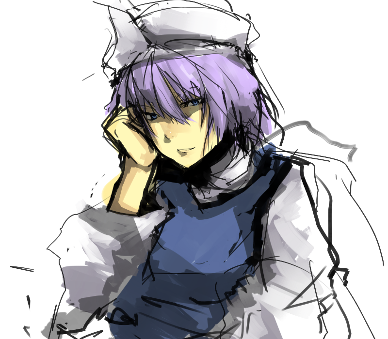 un-known (ninesix), letty whiterock, touhou, bad id, bad pixiv id, 1girl, blue eyes, female focus, hat, purple hair, solo, upper body, white background