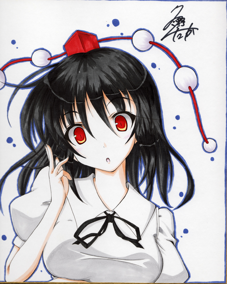 fuyuno taka, shameimaru aya, touhou, bad id, bad pixiv id, traditional media, 1girl, black hair, breasts, female focus, hat, red eyes, shikishi, short hair, solo, tokin hat, upper body, white background