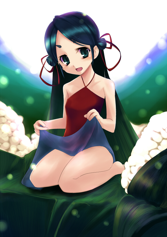 cofepig, original, bad id, bad pixiv id, bare shoulders, barefoot, clothes lift, flat chest, long hair, ribbon, skirt, skirt lift, solo