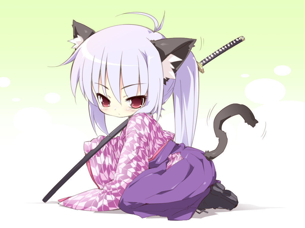 petenshi (dr. vermilion), bashamichi, silver hair, character request, source request, 1girl, animal ears, cat, cat ears, cat tail, female focus, japanese clothes, kimono, red eyes, solo, sword, tail, weapon, yagasuri