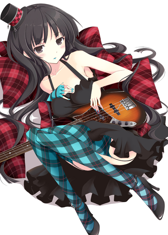 mikoto akemi, akiyama mio, don't say "lazy", k-on!, plaid, 00s, 1girl, argyle clothes, argyle thighhighs, asymmetrical clothes, bare shoulders, black hair, blue lips, blue nails, blue thighhighs, dress, facepaint, female focus, garter belt, gloves, guitar, hat, high heels, instrument, lipstick, long hair, lying, makeup, mini hat, mini top hat, nail polish, patterned legwear, shoes, single glove, solo, thighhighs, top hat