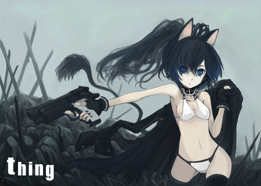 sasurai susuki, susuki (pixiv), original, 1girl, animal ears, bikini, black hair, black nails, blue eyes, breasts, cat ears, cat tail, female focus, fingerless gloves, gloves, gun, handgun, jacket, long hair, nail polish, pistol, ponytail, small breasts, solo, swimsuit, tail, thighhighs, weapon, white bikini