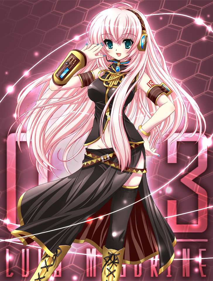 suzui narumi, megurine luka, vocaloid, 1girl, bangle, belt, black thighhighs, blue eyes, blue nails, bracelet, female focus, hand on own hip, headset, hip focus, jewelry, long hair, long skirt, midriff, nail polish, pink hair, side slit, skirt, solo, thighhighs