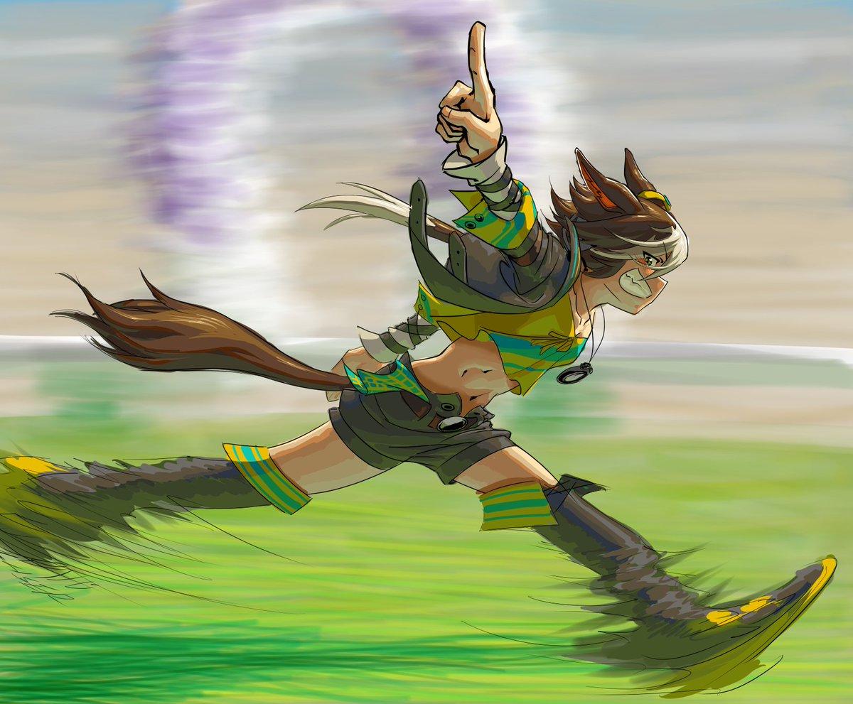 vodka (umamusume), vodka (wild top gear) (umamusume), umamusume, victory, commentary, english commentary, 1girl, animal ears, black shorts, brown hair, full body, grin, horse ears, horse girl, horse tail, looking at viewer, multicolored hair, navel, raiolasermortal, running, short hair, shorts, smear frame, smile, solo, stomach, streaked hair, tail, white hair