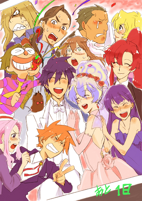 noritake, attenborough cortitch, darry adai, gimmy adai, kinon bachika, kiyal bachika, kiyoh bachika, nia teppelin, rossiu adai, simon (ttgl), viral (ttgl), yoko littner, tengen toppa gurren lagann, tengen toppa gurren lagann: lagann-hen, bad id, bad pixiv id, 00s, 6+boys, 6+girls, blush, bride, dress, everyone, happy, multiple boys, multiple girls, photo (object), tears, wedding, wedding dress