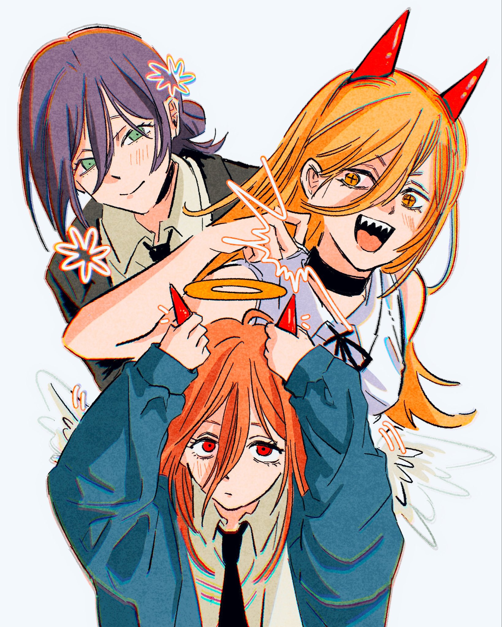 angel devil (chainsaw man), power (chainsaw man), reze (chainsaw man), chainsaw man, highres, 1boy, 2girls, akim0tion, angel devil (chainsaw man) (cosplay), angel wings, bare arms, bare shoulders, black choker, black jacket, black necktie, black ribbon, blue coat, blush, breasts, choker, closed mouth, coat, collared shirt, cosplay, costume switch, cross-shaped pupils, demon girl, fake horns, green eyes, grenade pin, hair between eyes, hair bun, halo, horns, jacket, long hair, medium breasts, medium hair, multiple girls, neck ribbon, necktie, open mouth, orange eyes, orange hair, power (chainsaw man) (cosplay), purple hair, red eyes, red hair, reze (chainsaw man) (cosplay), ribbon, sharp teeth, shirt, sleeveless, sleeveless shirt, smile, suit jacket, symbol-shaped pupils, teeth, updo, white background, white shirt, wings