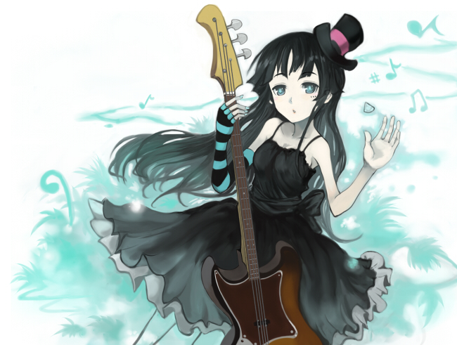 sasurai susuki, susuki (pixiv), akiyama mio, don't say "lazy", k-on!, striped, 00s, 1girl, bass guitar, black hair, blue eyes, blue nails, blue pantyhose, blunt bangs, dress, female focus, fingerless gloves, gloves, hat, hime cut, instrument, long hair, mini hat, mini top hat, musical note, nail polish, pantyhose, single glove, skirt, solo, top hat