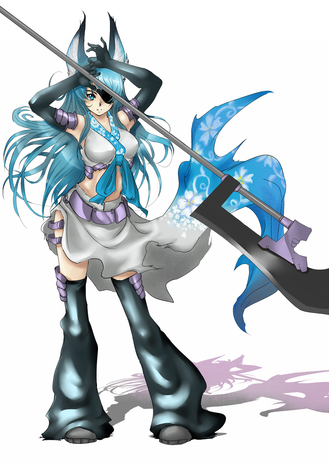 realmbw, original, highres, 1girl, animal ears, blue eyes, blue hair, breasts, elbow gloves, eyepatch, female focus, gloves, large breasts, long hair, matching hair/eyes, midriff, solo, weapon