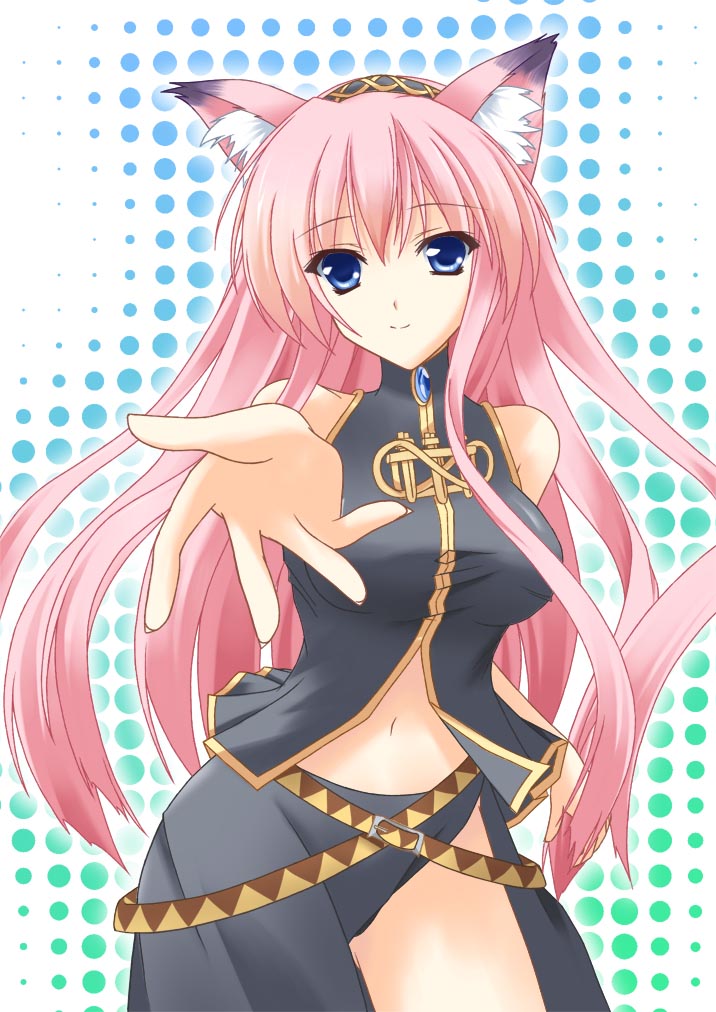 kurochima, megurine luka, vocaloid, 1girl, animal ears, belt, blue eyes, cat ears, female focus, long hair, long skirt, midriff, navel, no panties, outstretched arm, outstretched hand, pink hair, polka dot, reaching, shirt, side slit, skirt, sleeveless, sleeveless shirt, solo