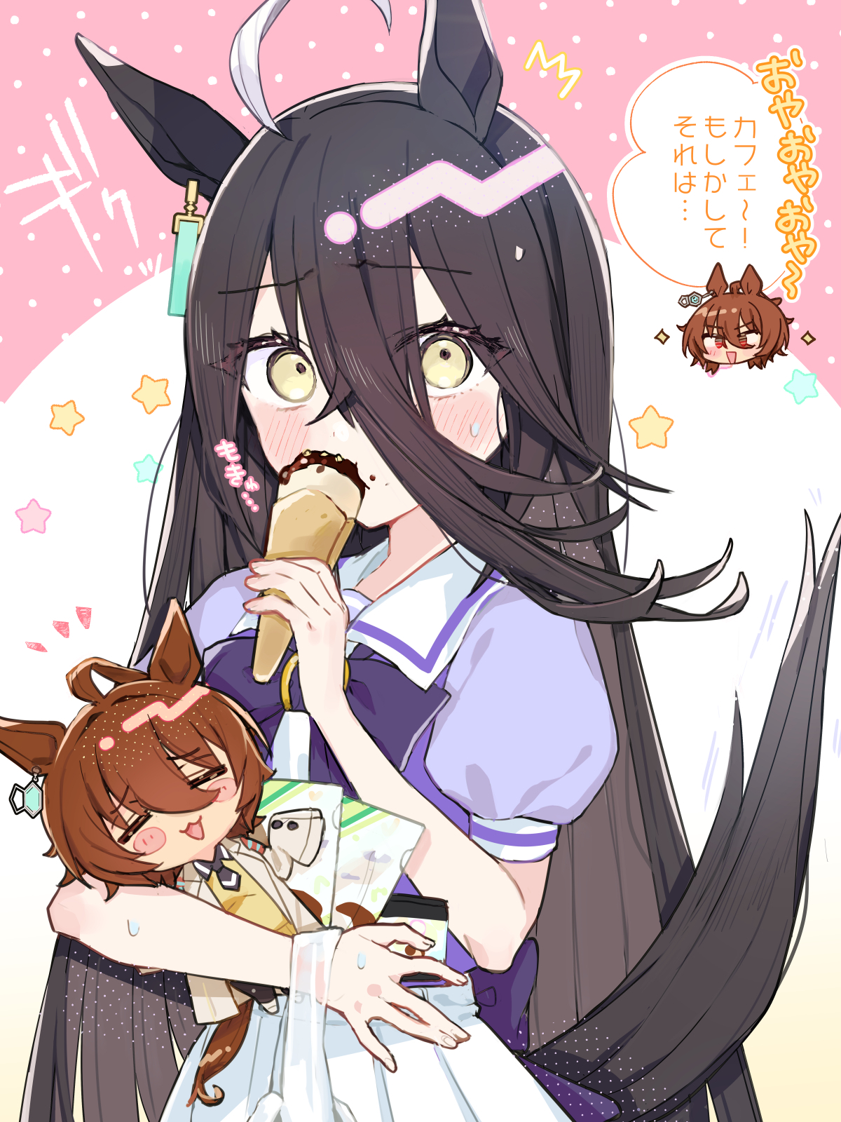 nochatea, agnes tachyon (umamusume), manhattan cafe (umamusume), umamusume, highres, translation request, 2girls, ^^^, ahoge, animal ears, bag, black hair, blush, character doll, chibi, chibi inset, doll, food, food on face, hair between eyes, holding, holding bag, holding food, horse ears, horse girl, horse tail, long hair, looking at viewer, multicolored hair, multiple girls, puffy short sleeves, puffy sleeves, purple shirt, school uniform, shirt, short sleeves, skirt, solo focus, sparkle, star (symbol), streaked hair, sweatdrop, tail, tracen school uniform, upper body, white skirt, yellow eyes