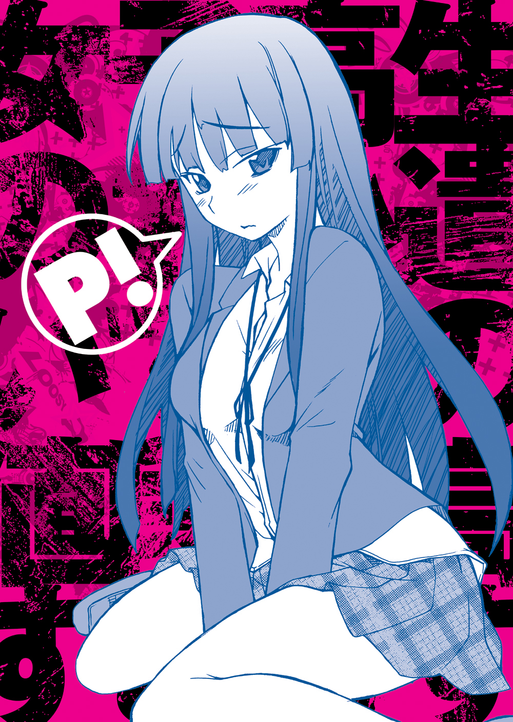 hozumi takashi, akiyama mio, k-on!, highres, 00s, 1girl, blush, female focus, kneeling, legs, long hair, monochrome, plaid clothes, plaid skirt, school uniform, skirt, solo, thighs