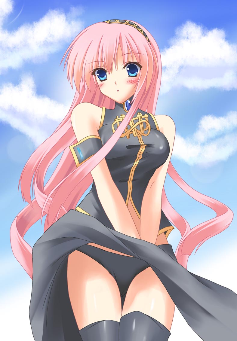 kurochima, megurine luka, vocaloid, 1girl, bare shoulders, black panties, black skirt, blue eyes, blush, cloud, day, female focus, hairband, long hair, long skirt, panties, pantyshot, pink hair, skirt, sky, solo, thighhighs, underwear, very long hair, wind, wind lift