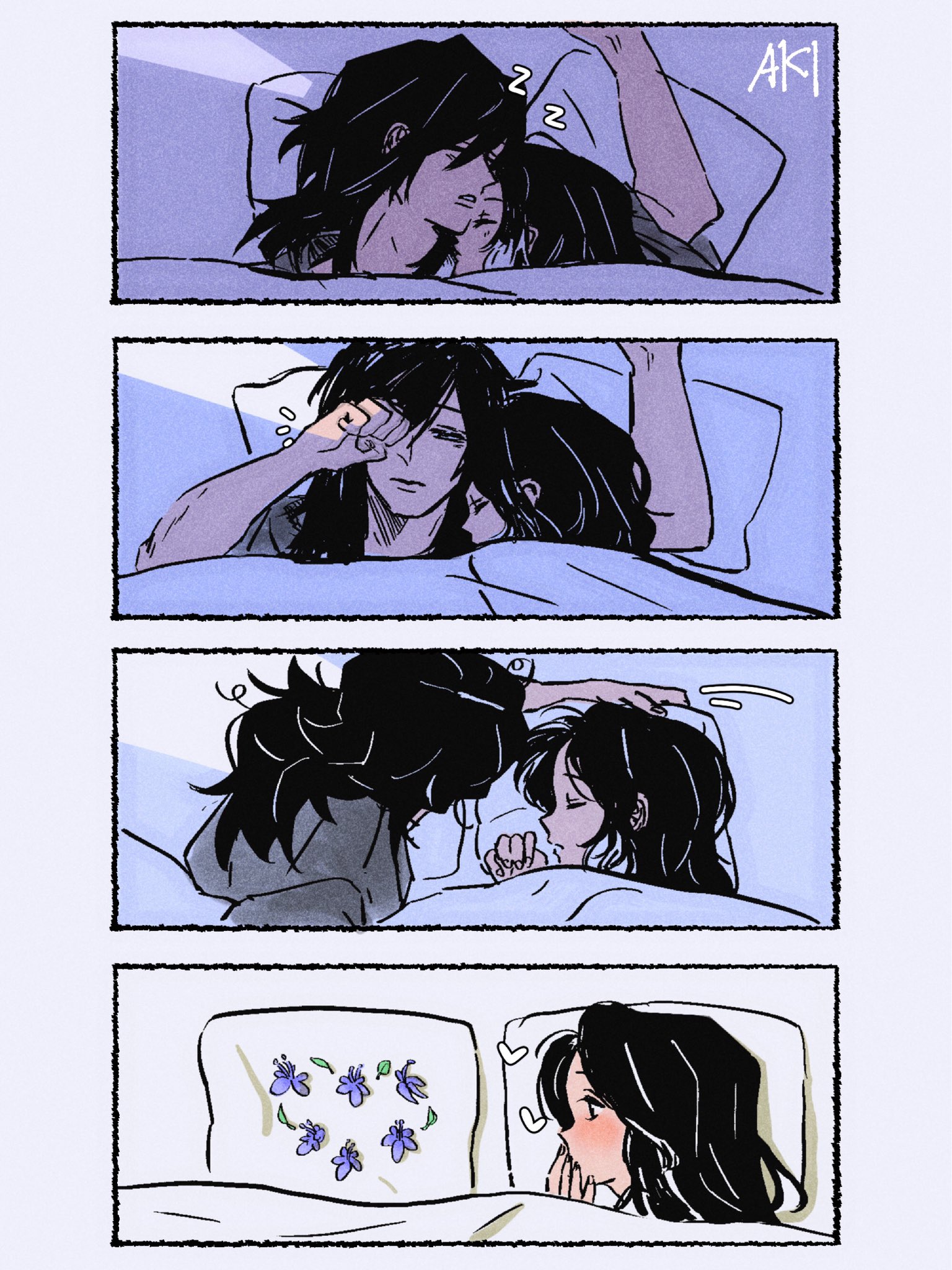 kochou shinobu, tomioka giyuu, kimetsu no yaiba, highres, 1boy, 1girl, akim0tion, arm around neck, black hair, blue flower, blush, border, closed eyes, couple, flower, grey shirt, hair between eyes, half-closed eyes, hand to own mouth, hetero, long hair, messy hair, parted bangs, pillow, rubbing eyes, shirt, sleeping, under covers, white border, zzz