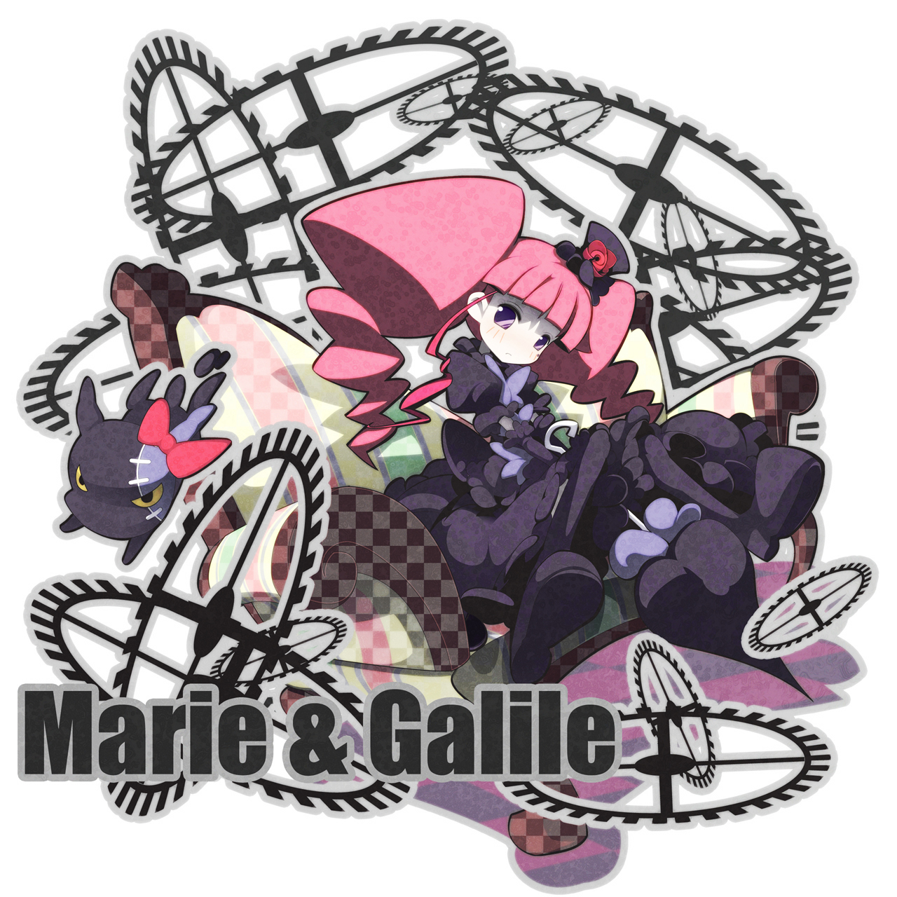 uki (room 405), marika (marie & gali), pet (marie & gali), marie & gali, highres, 00s, 1girl, child, dress, gothic lolita, hat, lolita fashion, long hair, mini hat, mini top hat, pantyhose, pink hair, top hat