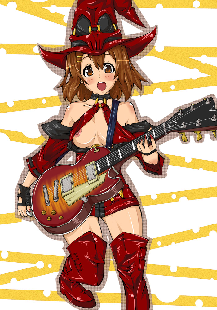 makai, hirasawa yui, i-no, arc system works, guilty gear, k-on!, 1girl, bare shoulders, blush, boots, breasts, brown eyes, brown hair, cleavage, cosplay, dress, electric guitar, embarrassed, female focus, fingerless gloves, gibson les paul, gloves, guitar, hair ornament, hairclip, hat, i-no (cosplay), instrument, leather, nail polish, nipple slip, nipples, open mouth, red boots, red hat, red nails, red thighhighs, round teeth, short dress, short hair, skirt, skull, solo, standing, teeth, thigh boots, thighhighs, witch, witch hat, zettai ryouiki