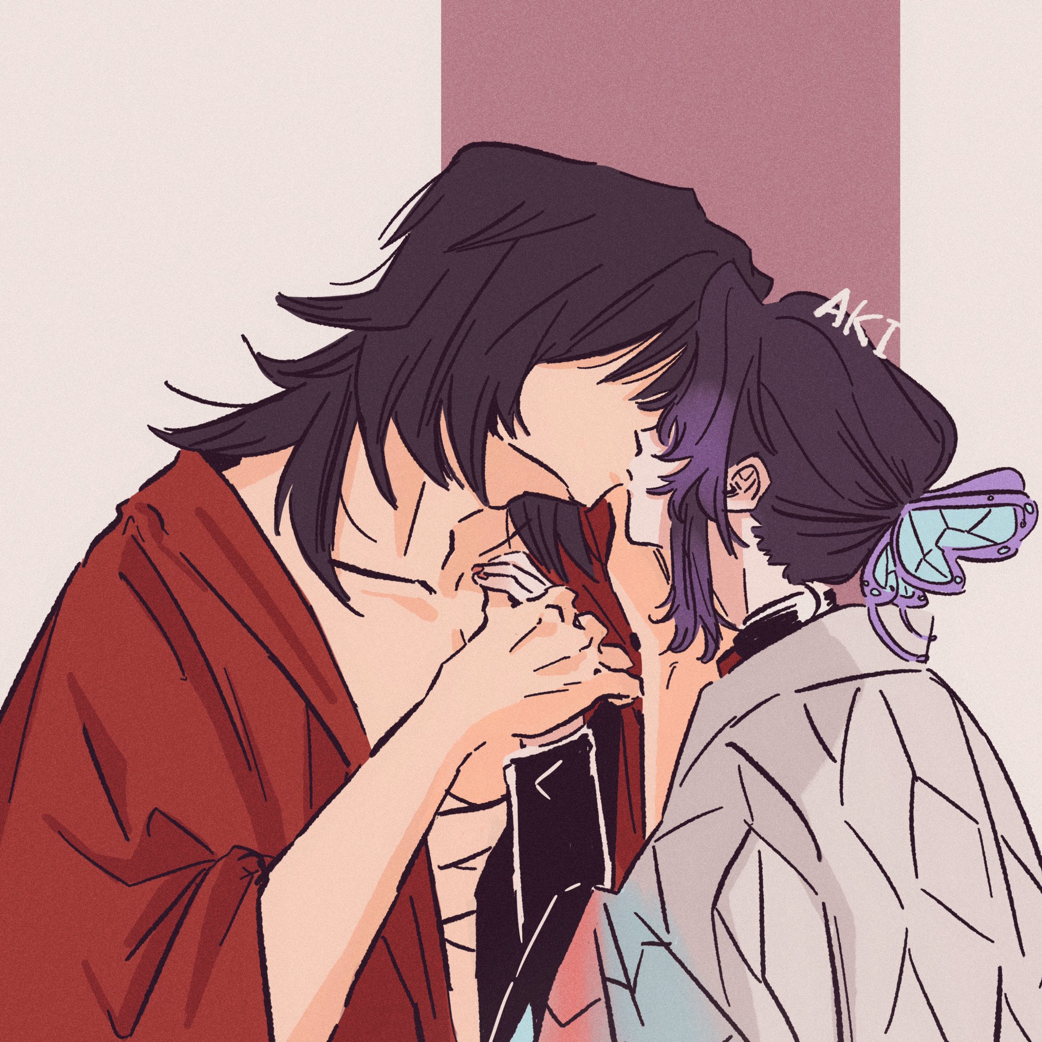 kochou shinobu, tomioka giyuu, kimetsu no yaiba, highres, 1boy, 1girl, akim0tion, artist name, bandaged chest, black hair, black jacket, butterfly hair ornament, butterfly print haori, colored tips, couple, hair ornament, hair over eyes, hetero, holding hands, jacket, japanese clothes, kiss, long hair, multicolored hair, parted bangs, purple hair, red robe, robe, sidelocks, upper body