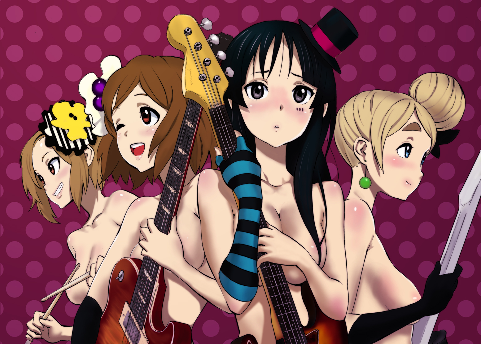 nekoi mie, akiyama mio, hirasawa yui, kotobuki tsumugi, tainaka ritsu, don't say "lazy", k-on!, eyebrows, 00s, 4girls, bass guitar, black hair, blush, breasts, brown hair, censored, collarbone, convenient censoring, covering breasts, covering privates, electric guitar, gibson les paul, guitar, hair bun, hat, ho-kago tea time, instrument, keytar, large breasts, long hair, mini hat, mini top hat, multiple girls, nude, nude cover, one eye closed, short hair, single hair bun, smile, top hat, wink