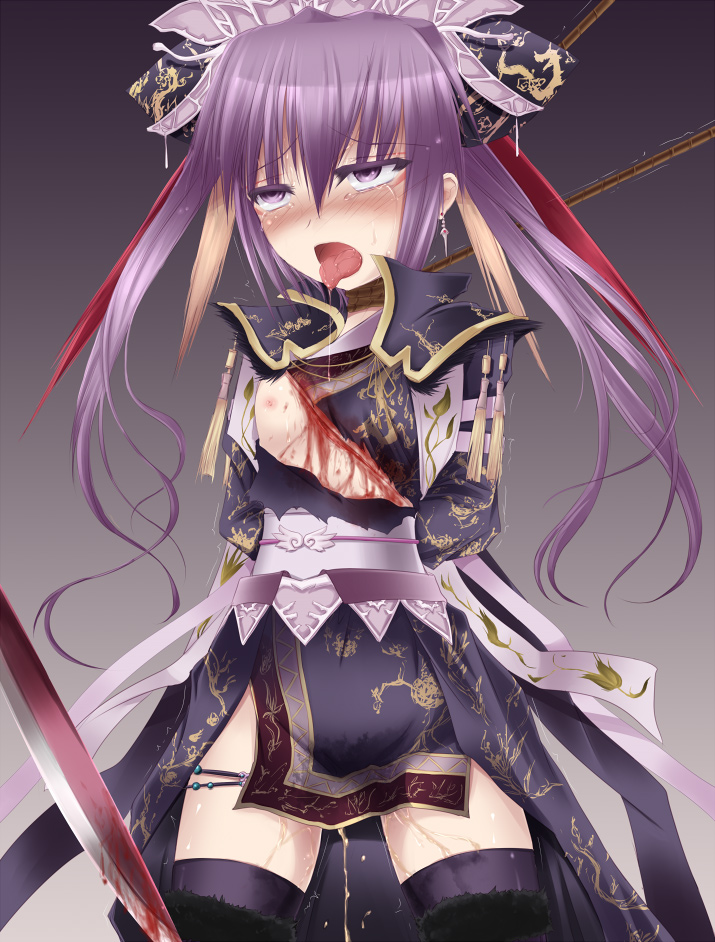 shimo (depthbomb), touhaku, sangokushi taisen, 1girl, ahegao, arms behind back, asphyxiation, bdsm, blood, bondage, bound, breasts, chinese clothes, earrings, ero guro, female focus, guro, hair ornament, injury, jewelry, pee, peeing, peril, purple eyes, purple hair, rope, simple background, small breasts, solo, strangling, sword, tears, thighhighs, tongue, torn clothes, trembling, weapon