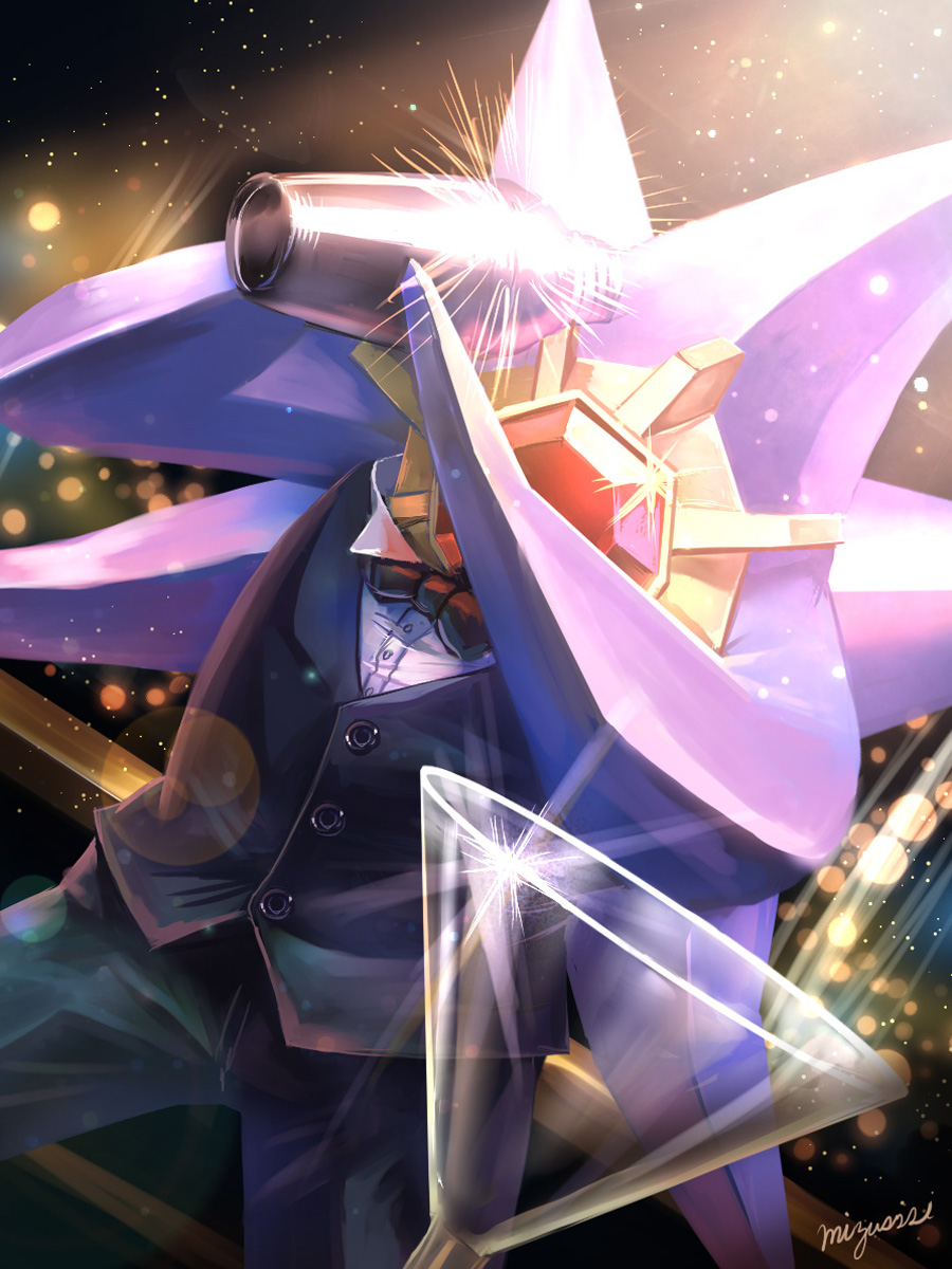 mizushishi, mega starmie, starmie, nintendo, pokemon, highres, bartender, bow, bowtie, cocktail glass, cocktail shaker, colored skin, cup, drinking glass, formal clothes, gem, gen 1 pokemon, glass, no humans, pants, pokemon (creature), red bow, red bowtie, red gemstone, signature, starfish, suit, vest