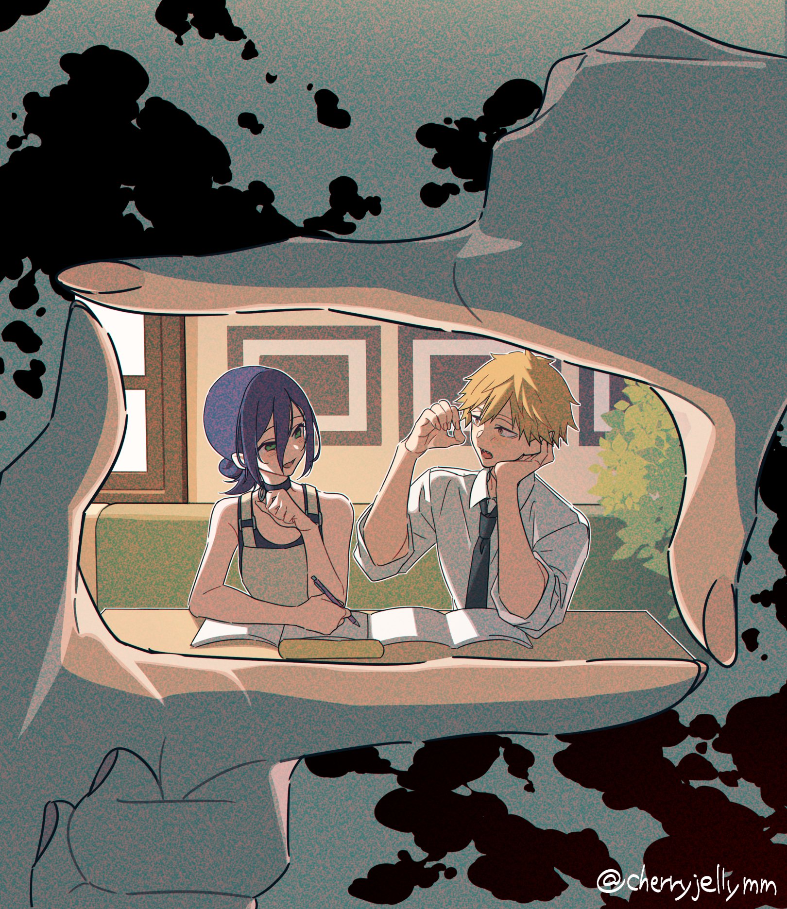 miri (cherryjelly), denji (chainsaw man), reze (chainsaw man), chainsaw man, highres, 1boy, 1girl, bare arms, bare shoulders, black choker, black necktie, black shirt, blonde hair, blue hair, choker, collared shirt, green hair, grenade pin, hair between eyes, hair bun, head on hand, holding, holding pencil, looking at viewer, medium hair, necktie, open mouth, overalls, pencil, shirt, short hair, sleeves rolled up, tank top, twitter username, updo, upper body, white shirt