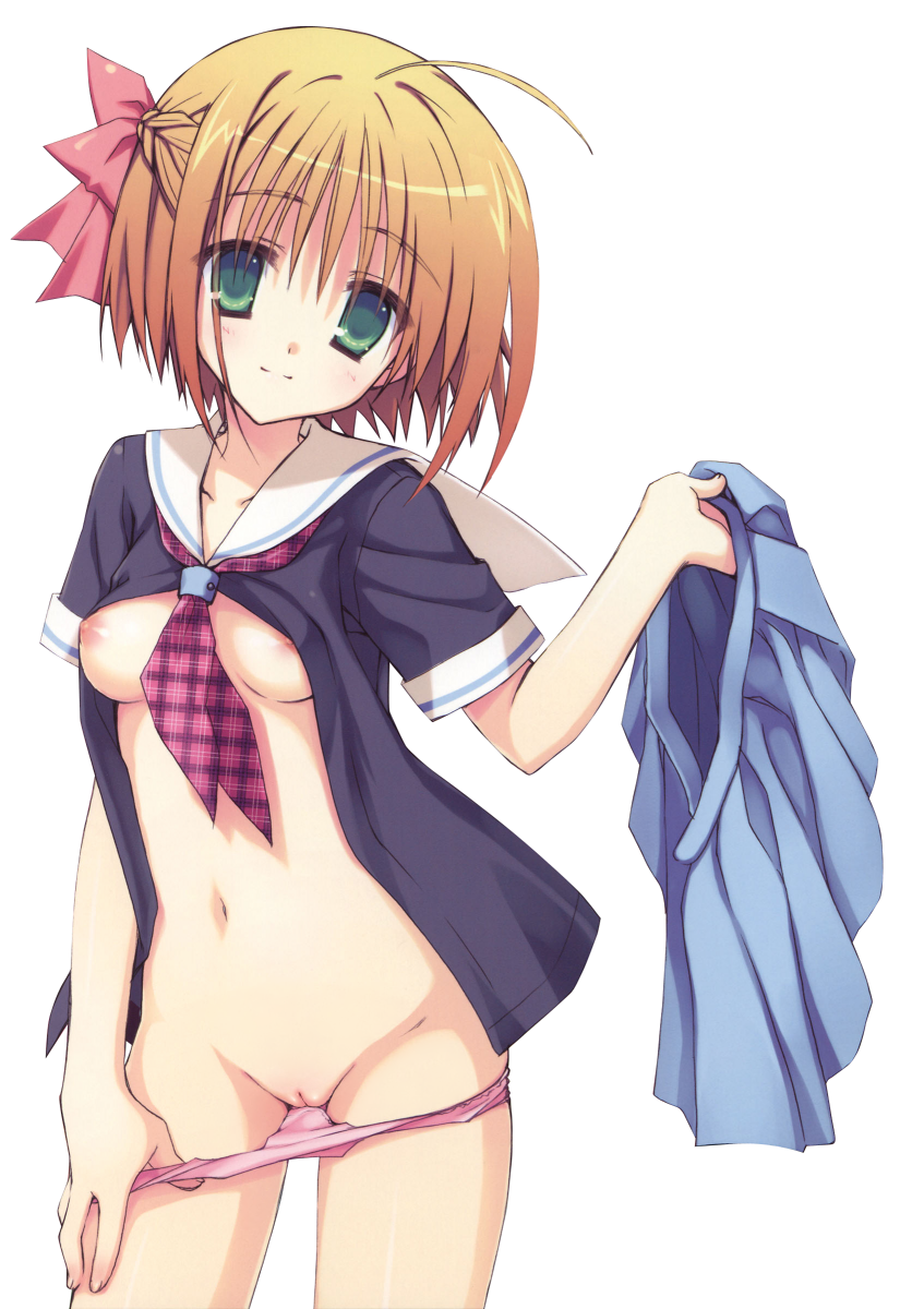 muririn, highres, source request, 1girl, ahoge, blouse, blush, bow, breasts, female focus, gradient hair, green eyes, hair bow, holding, holding unworn clothes, holding unworn skirt, multicolored hair, nipples, no bra, no pants, open clothes, open shirt, orange hair, panties, panty pull, pink panties, pussy, school uniform, serafuku, shirt, short hair, skirt, small breasts, smile, solo, standing, transparent background, underwear, undressing, unworn skirt