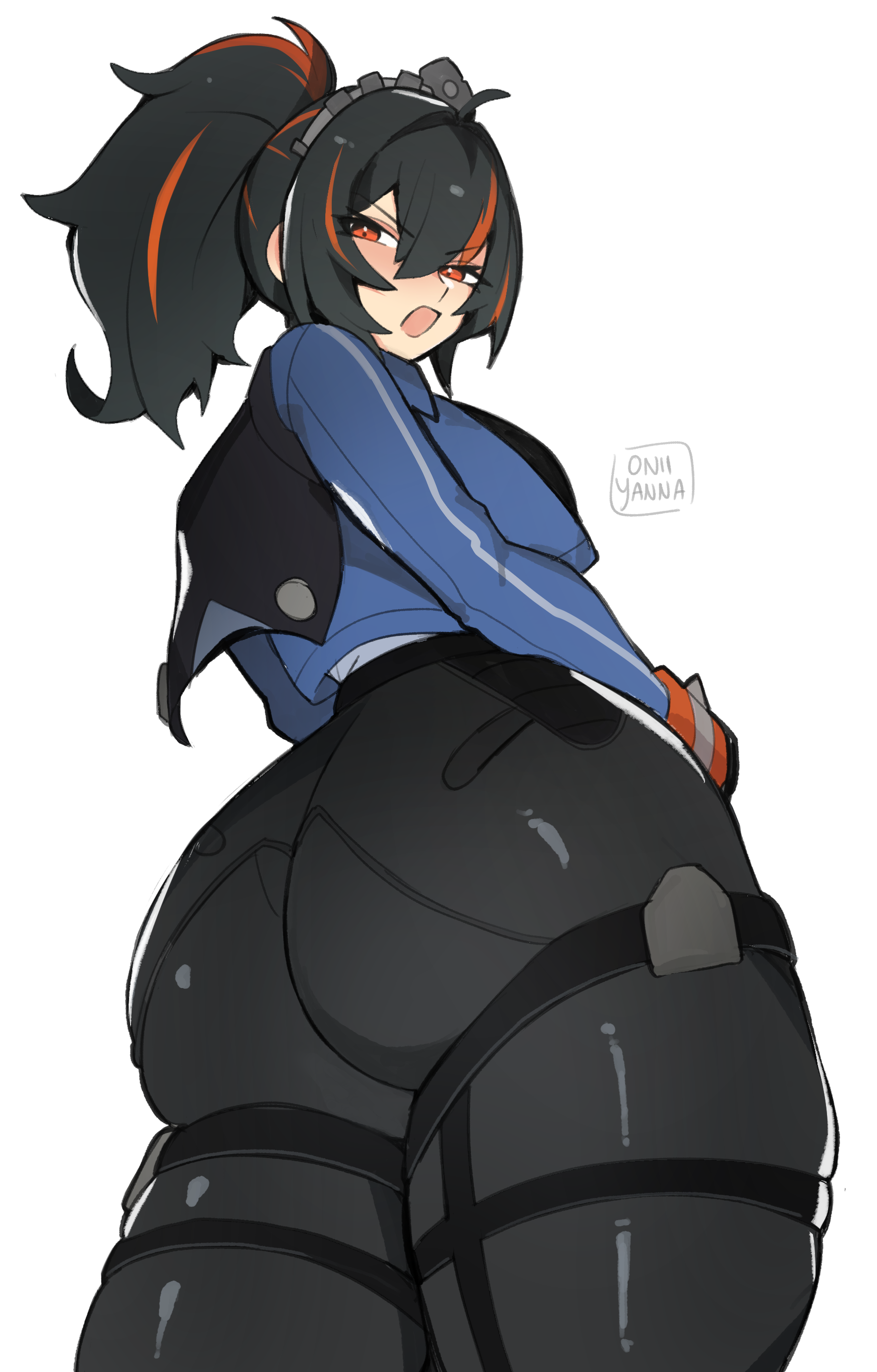 oniyanna, zhu yuan, zenless zone zero, absurdres, highres, 1girl, ass, ass focus, black hair, blue jacket, breasts, hair between eyes, hairband, high-waist pants, huge ass, jacket, long hair, looking at viewer, medium breasts, metal hairband, multicolored hair, pants, pear-shaped figure, police, police uniform, policewoman, ponytail, red hair, solo, streaked hair, thick thighs, thighs, tight clothes, tight pants, wide hips