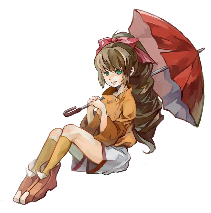 yorimo, yuuta kanami, scryed, 00s, 1girl, bow, brown hair, child, drill hair, female focus, green eyes, hair ribbon, long hair, orange shirt, pink bow, ribbon, shirt, shorts, sitting, solo, umbrella, white shorts