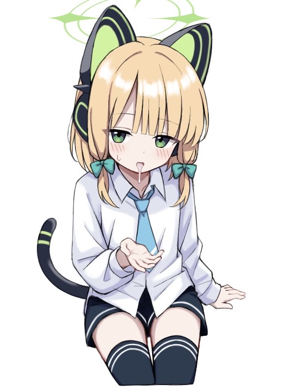 suiran (suiran0111), midori (blue archive), blue archive, 1girl, animal ear headphones, animal ears, black shorts, black tail, black thighhighs, blonde hair, blue necktie, blush, bow, cat ear headphones, cat ears, cat tail, collared shirt, cowboy shot, cropped legs, fake animal ears, fake tail, green bow, green eyes, green halo, hair bow, halo, hand up, headphones, long sleeves, looking at viewer, low-tied sidelocks, medium hair, necktie, no jacket, open mouth, parted bangs, shirt, shorts, sidelocks, simple background, sitting, solo, sweatdrop, tail, tail raised, thighhighs, white background, white shirt