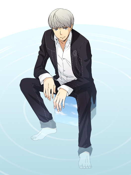 sumi (pixiv), sumii (fumiki7), narukami yu, atlus, persona, persona 4, silver hair, 00s, 1boy, barefoot, looking at viewer, male focus, school uniform, short hair, sitting, smile, soaking feet, solo, water