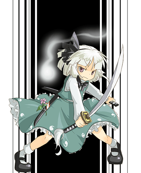 noko351, konpaku youmu, konpaku youmu (ghost), touhou, silver hair, bad id, bad pixiv id, 1girl, female focus, flower, hitodama, mary janes, ribbon, shoes, short hair, solo, sword, weapon