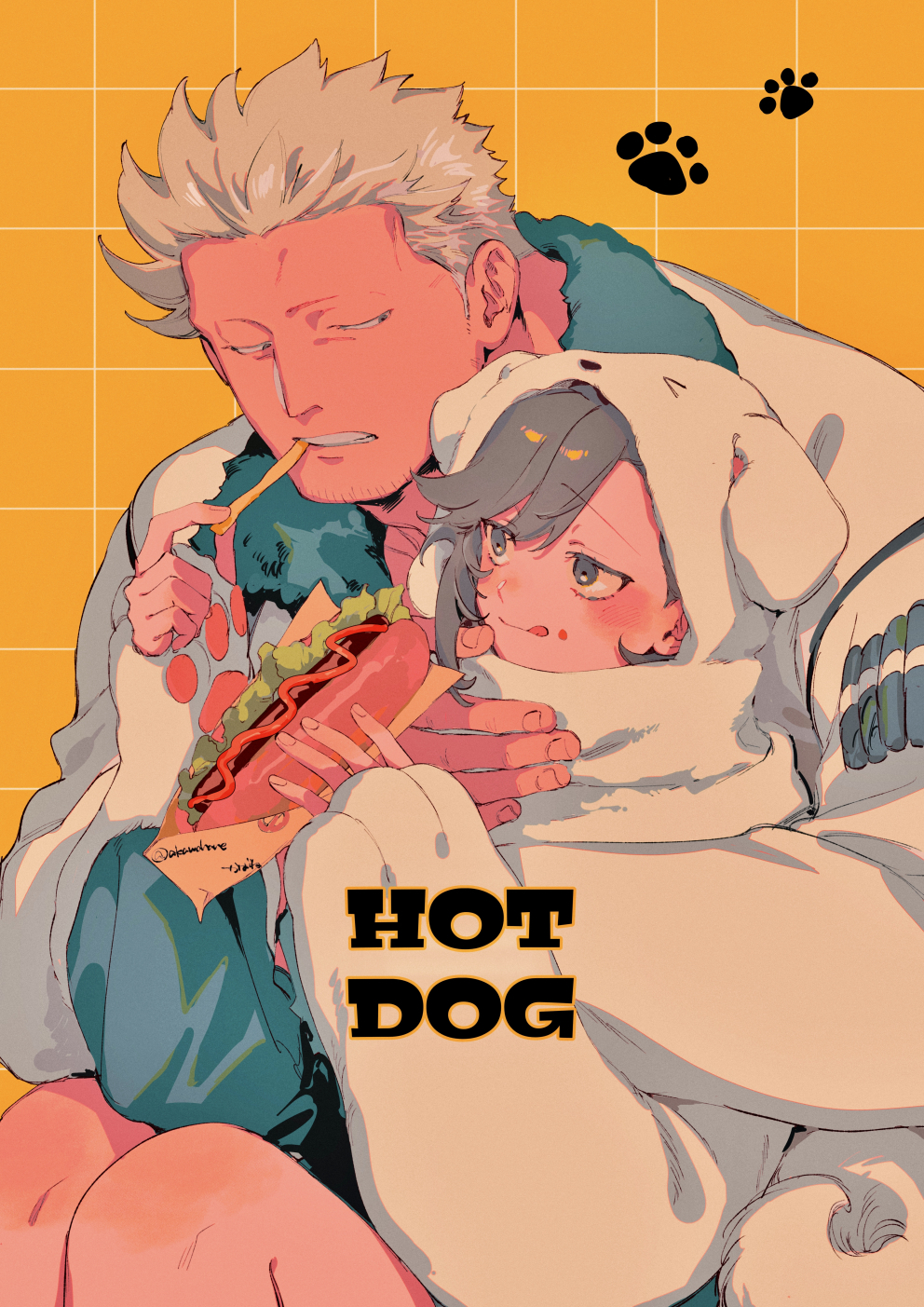 kabane (rjev8385), smoker (one piece), one piece, original, commentary request, highres, 1boy, 1girl, :q, animal hood, asymmetrical bangs, blue shirt, blush, cigar, closed mouth, couple, dog hood, feeding, food, french fries, fur-trimmed jacket, fur trim, grey eyes, grey hair, grid background, hetero, holding, holding food, hood, hood up, hooded shrug, hot dog, hot dog bun, jacket, ketchup, lettuce, long sleeves, looking at another, narrowed eyes, oc x canon, open mouth, paw print, paw sleeves, shirt, short hair, shrug (clothing), swept bangs, tongue, tongue out, white hair, white jacket, white shrug, yellow background