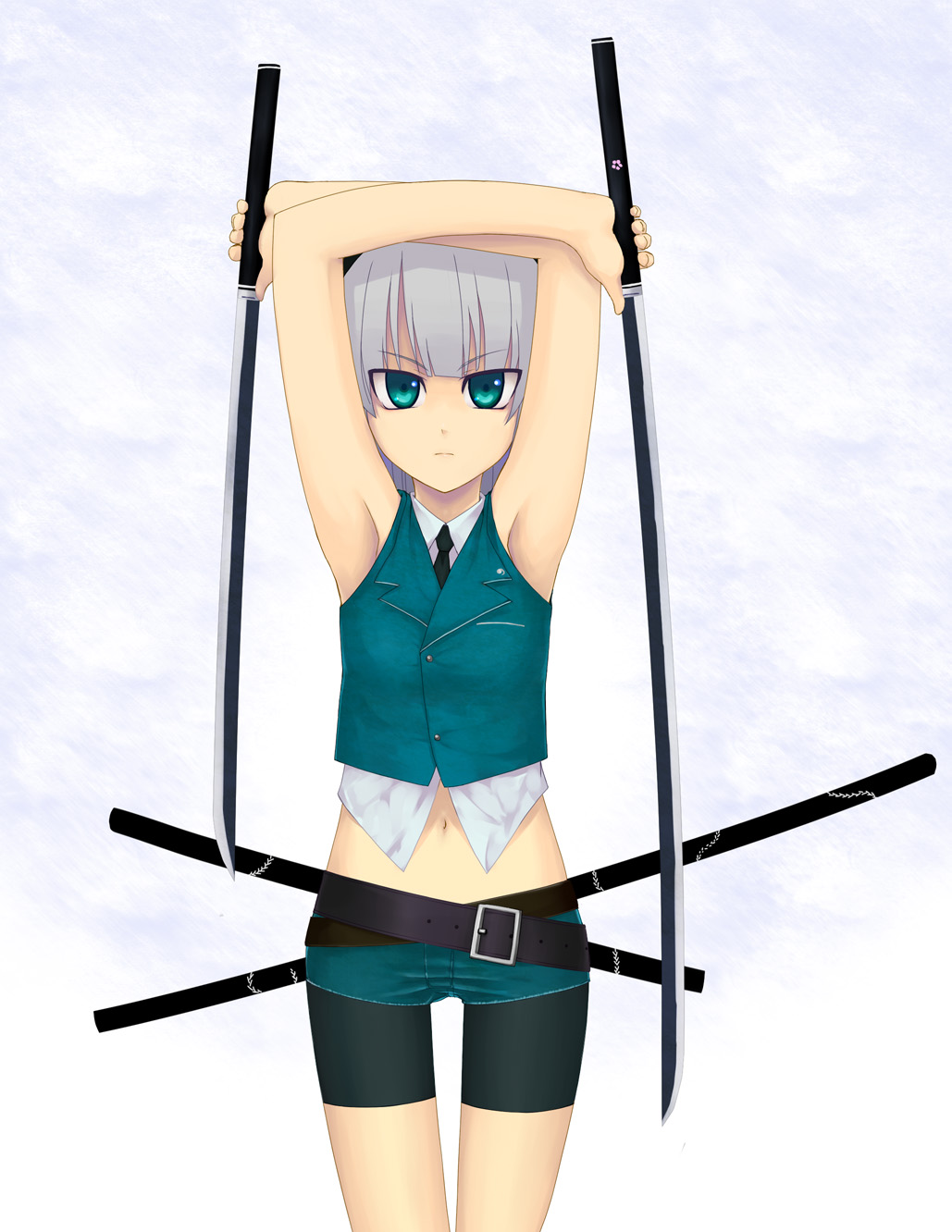 naniwa (pixiv), konpaku youmu, touhou, silver hair, highres, 1girl, armpits, bike shorts, dual wielding, female focus, green eyes, holding, midriff, navel, short hair, solo, sword, weapon