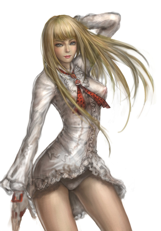 neongun, emilie de rochefort, namco, tekken, bad id, bad pixiv id, 1girl, blonde hair, breasts, covered erect nipples, dress, female focus, fingerless gloves, frills, gloves, grey eyes, long hair, nipples, panties, pantyshot, puffy nipples, see-through clothes, short dress, solo, underwear