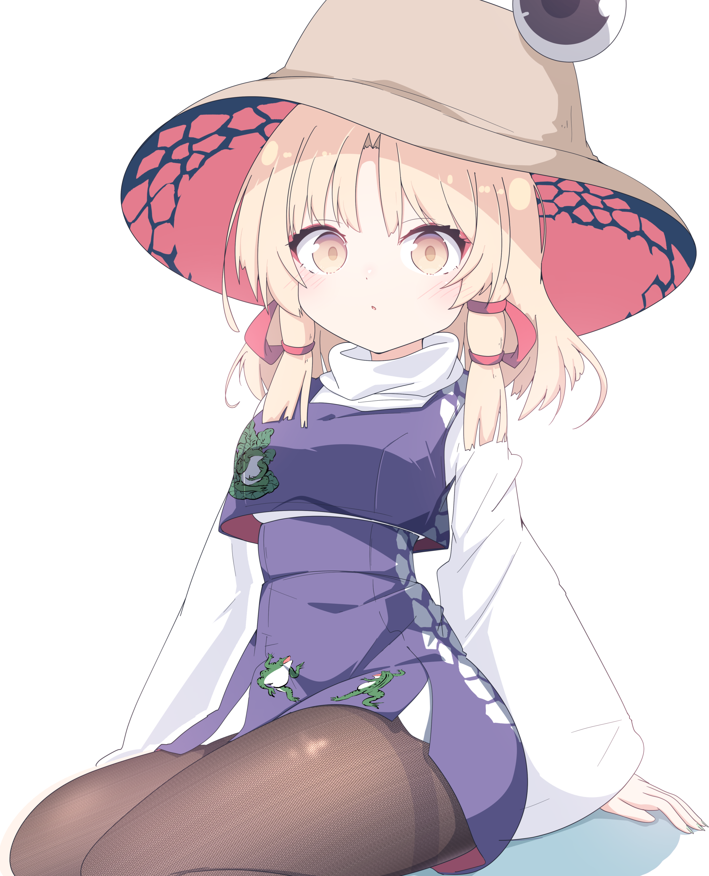 darumoon, moriya suwako, touhou, absurdres, commentary request, highres, 1girl, animal print, black pantyhose, blonde hair, blunt ends, breasts, brown hat, closed mouth, cropped vest, fingernails, frog print, hair ribbon, hat, high-waist skirt, long sleeves, looking at viewer, medium breasts, miniskirt, pantyhose, parted bangs, purple skirt, purple vest, ribbon, shirt, simple background, sitting, skirt, skirt set, solo, thighs, tress ribbon, turtleneck, two-sided fabric, vest, white background, white shirt, wide sleeves, yellow eyes