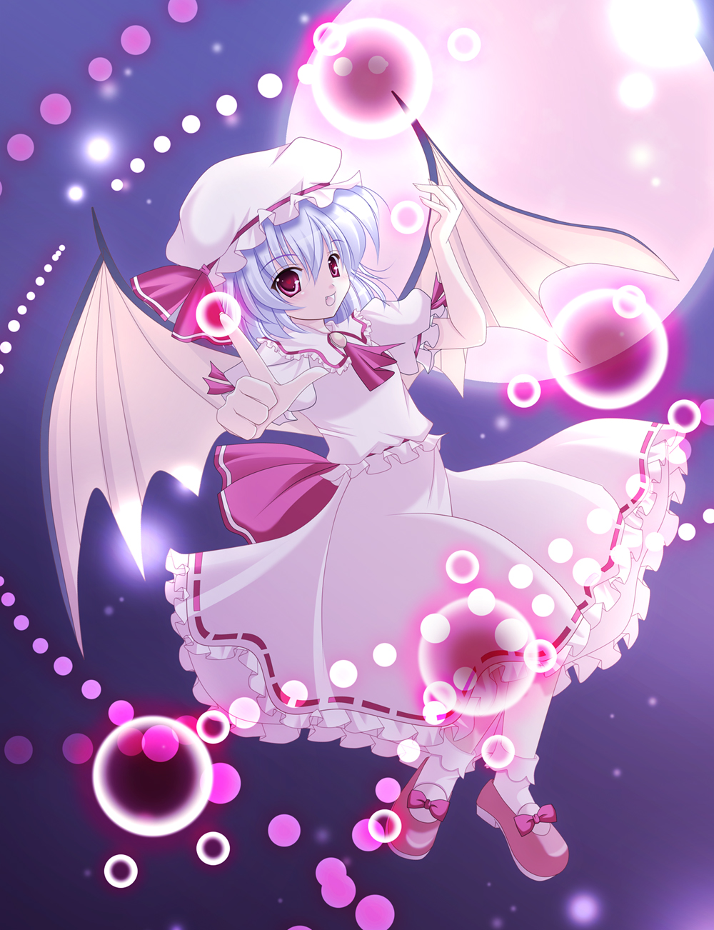 hiyori-o, remilia scarlet, touhou, bad id, bad pixiv id, highres, 1girl, bat wings, blue hair, danmaku, female focus, full body, gradient background, hat, moon, open mouth, red eyes, short hair, skirt, solo, wings