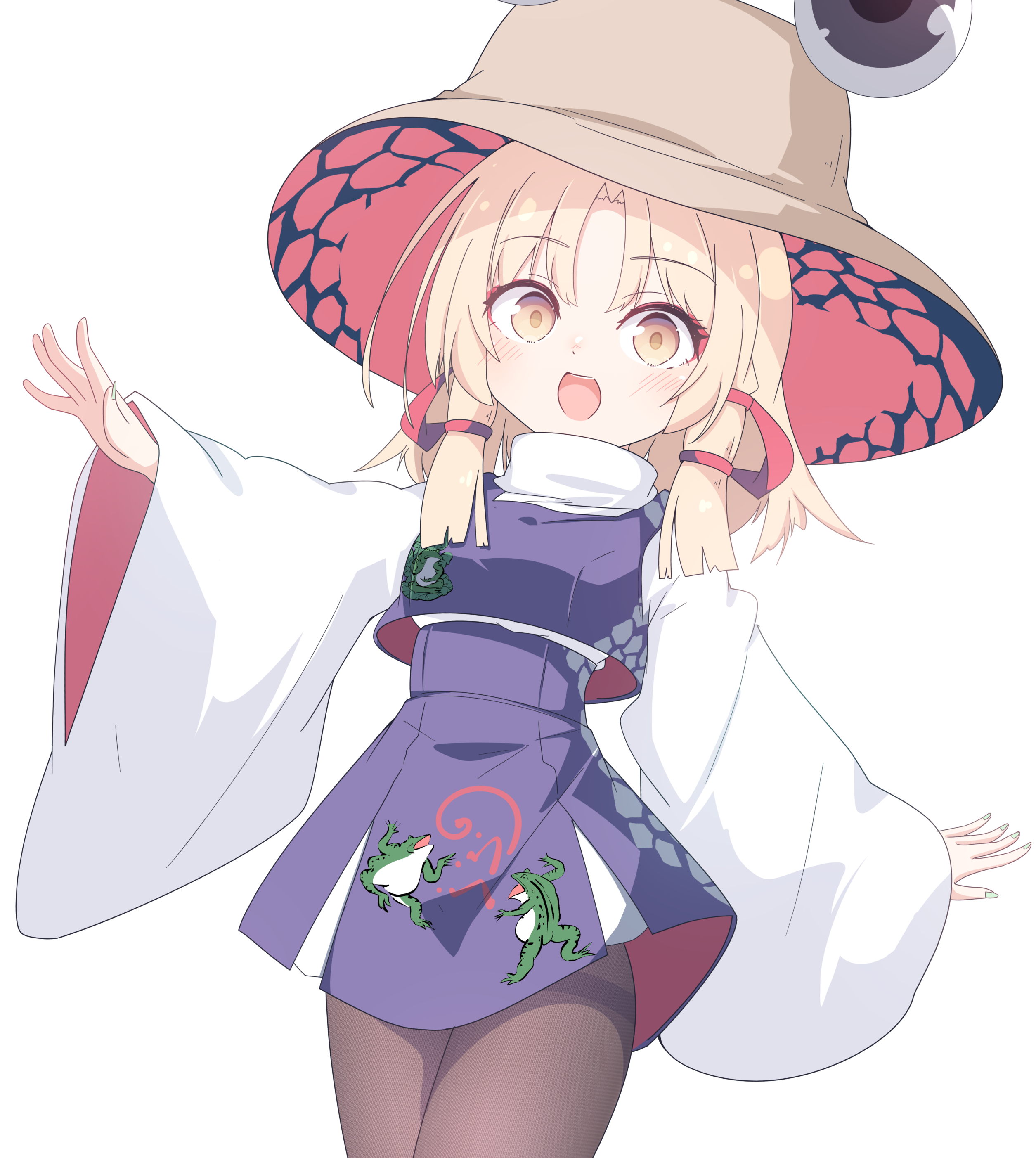 darumoon, moriya suwako, touhou, absurdres, commentary request, highres, 1girl, animal print, black pantyhose, blonde hair, blunt ends, blush, breasts, brown hat, cropped vest, fingernails, frog print, hair ribbon, hat, high-waist skirt, long sleeves, looking at viewer, medium breasts, miniskirt, open mouth, pantyhose, parted bangs, purple skirt, purple vest, ribbon, shirt, simple background, skirt, skirt set, smile, solo, thighs, tress ribbon, turtleneck, two-sided fabric, vest, white background, white shirt, wide sleeves, yellow eyes