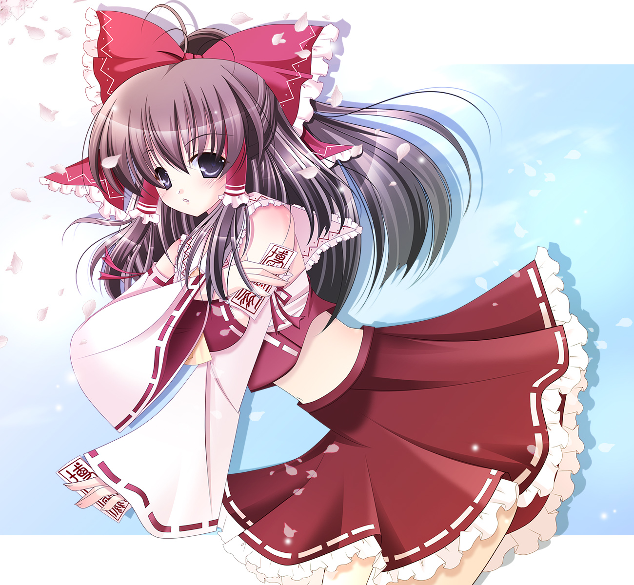 hiyori-o, hakurei reimu, touhou, bad id, bad pixiv id, highres, 1girl, blue eyes, blush, bow, brown hair, detached sleeves, female focus, gradient background, hair bow, japanese clothes, midriff, miko, ofuda, outdoors, petals, plant, sarashi, skirt, sky, solo, white background