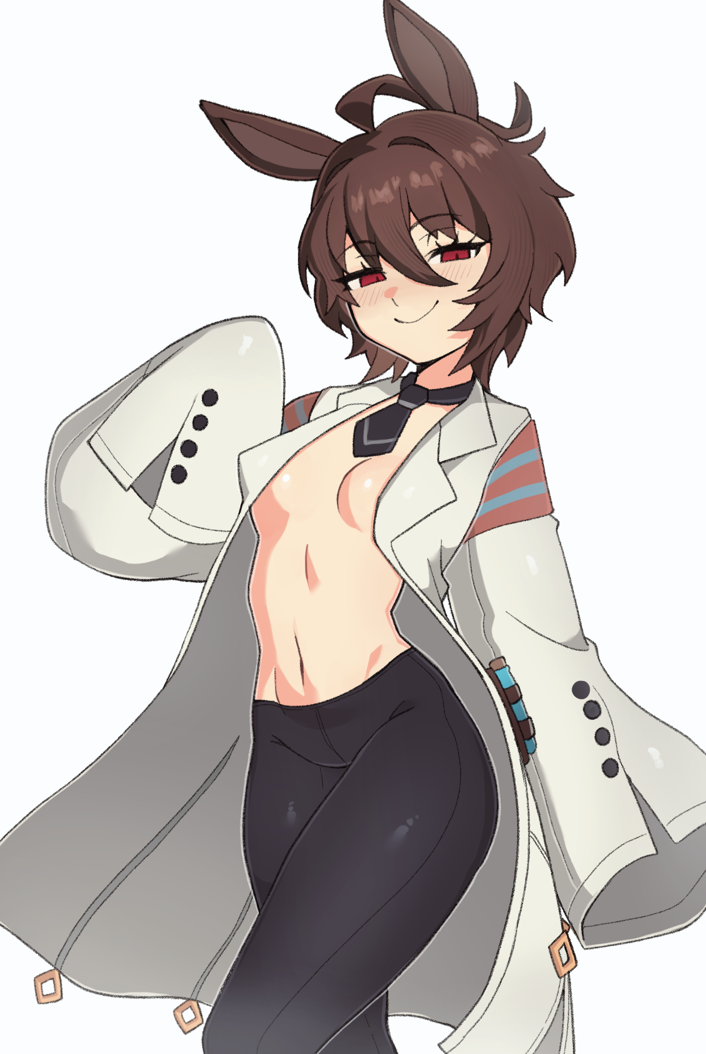 oniyanna, agnes tachyon (tach-nology) (umamusume), agnes tachyon (umamusume), umamusume, highres, 1girl, adapted costume, ahoge, animal ears, black necktie, black pants, breasts, brown hair, coat, hair between eyes, half-closed eyes, horse ears, horse girl, looking at viewer, navel, necktie, no bra, no shirt, open clothes, open coat, pants, red eyes, short hair, short necktie, simple background, sleeves past fingers, sleeves past wrists, small breasts, smile, solo, test tube, very long sleeves, white background, white coat