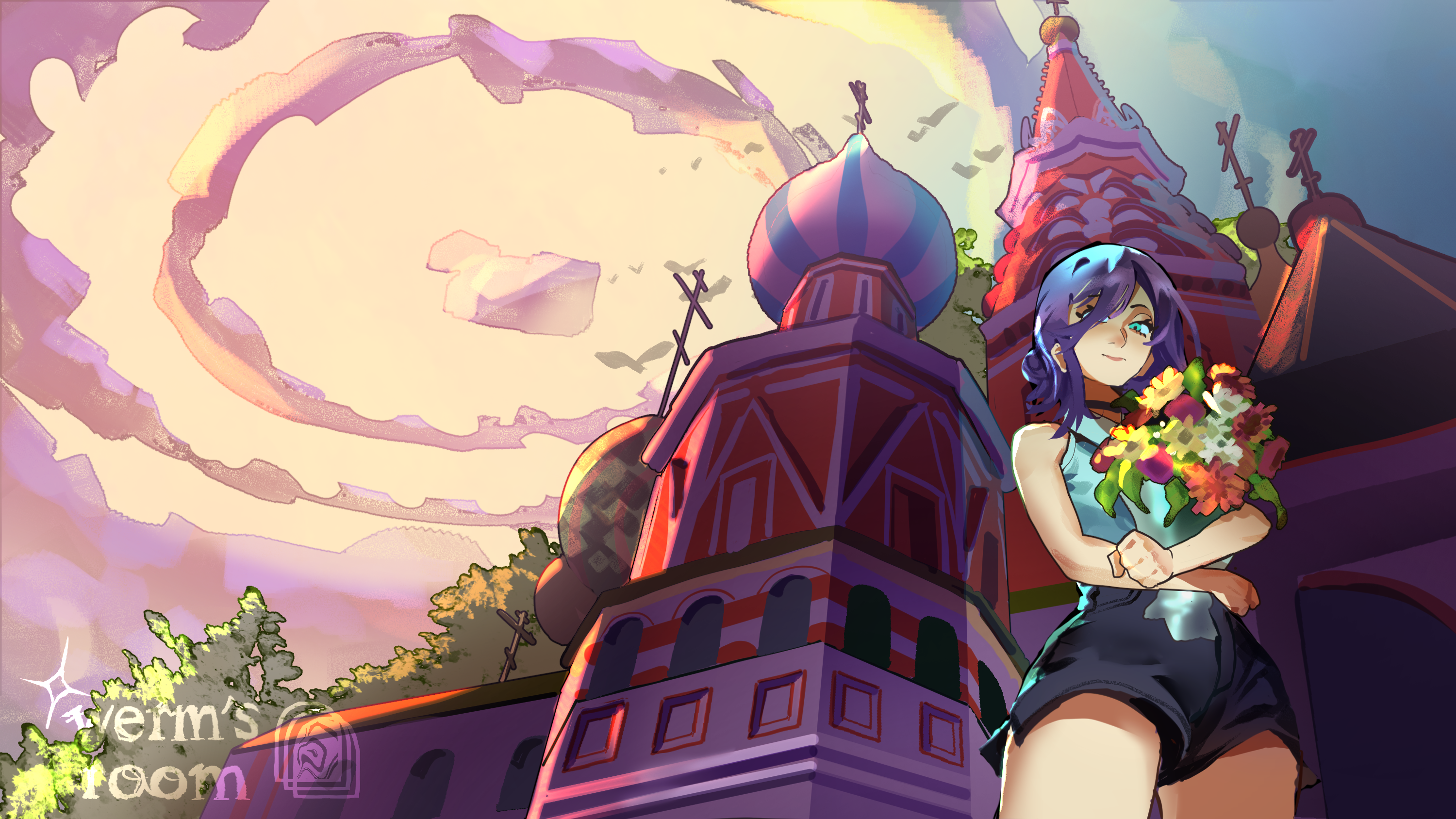 wermer, reze (chainsaw man), chainsaw man, highres, 1girl, black choker, black shorts, bouquet, building, choker, closed mouth, collared shirt, flower, from below, holding, holding bouquet, moscow, outdoors, purple eyes, purple hair, shirt, short shorts, shorts, sleeveless, sleeveless shirt, solo, st. basil's cathedral, white shirt