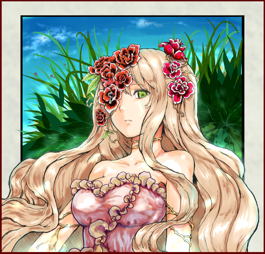 onoguru, kirakishou, rozen maiden, bad id, bad pixiv id, 00s, 1girl, alternate color, bare shoulders, breasts, brown hair, cleavage, eyepatch, female focus, flower, grass, green eyes, large breasts, leaf, long hair, plant, solo, tears, vines