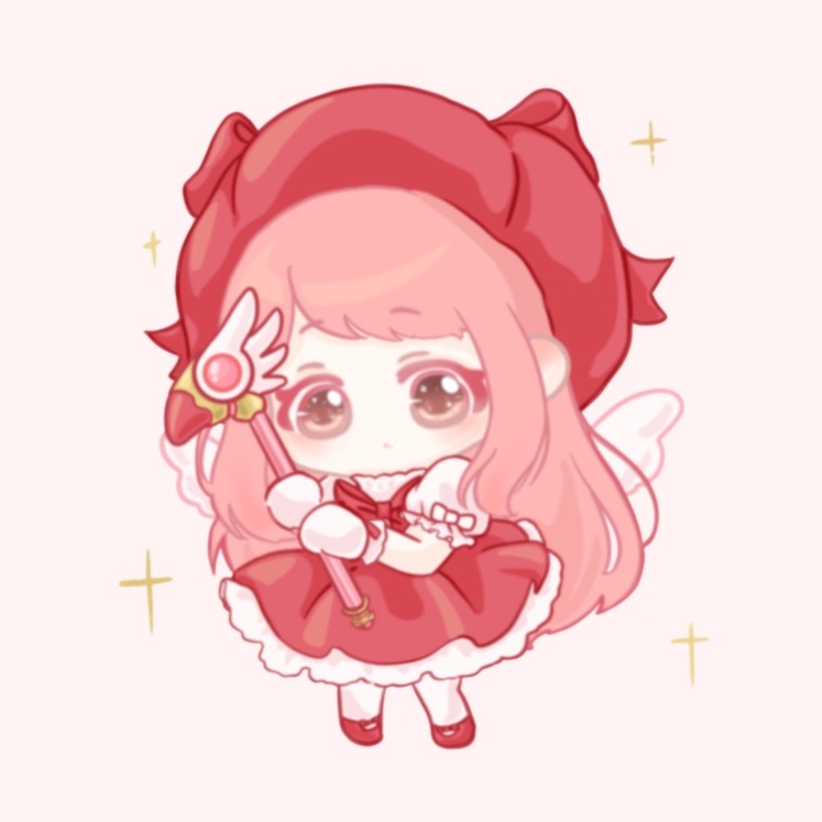 xiaoyu qixing, kinomoto sakura, kinomoto sakura (magician), nikki (nikki), cardcaptor sakura, nikki (series), shining nikki, chinese commentary, commentary request, 1girl, angel wings, beret, bow, bowtie, brown eyes, chibi, colored eyelashes, cosplay, dress, expressionless, fake wings, frilled dress, frilled gloves, frilled sleeves, frills, gloves, hat, hat bow, holding, holding wand, kinomoto sakura (cosplay), large bow, layered dress, light blush, long hair, looking at viewer, magical girl, mary janes, medium dress, pantyhose, parted lips, pink hair, puffy short sleeves, puffy sleeves, red bow, red bowtie, red dress, red hat, red shoes, shoes, short sleeves, sidelocks, simple background, sleeve bow, solo, sparkle, standing, tareme, turtleneck, turtleneck dress, very long hair, wand, wavy hair, white bow, white dress, white gloves, white pantyhose, white wings, wings, yellow background