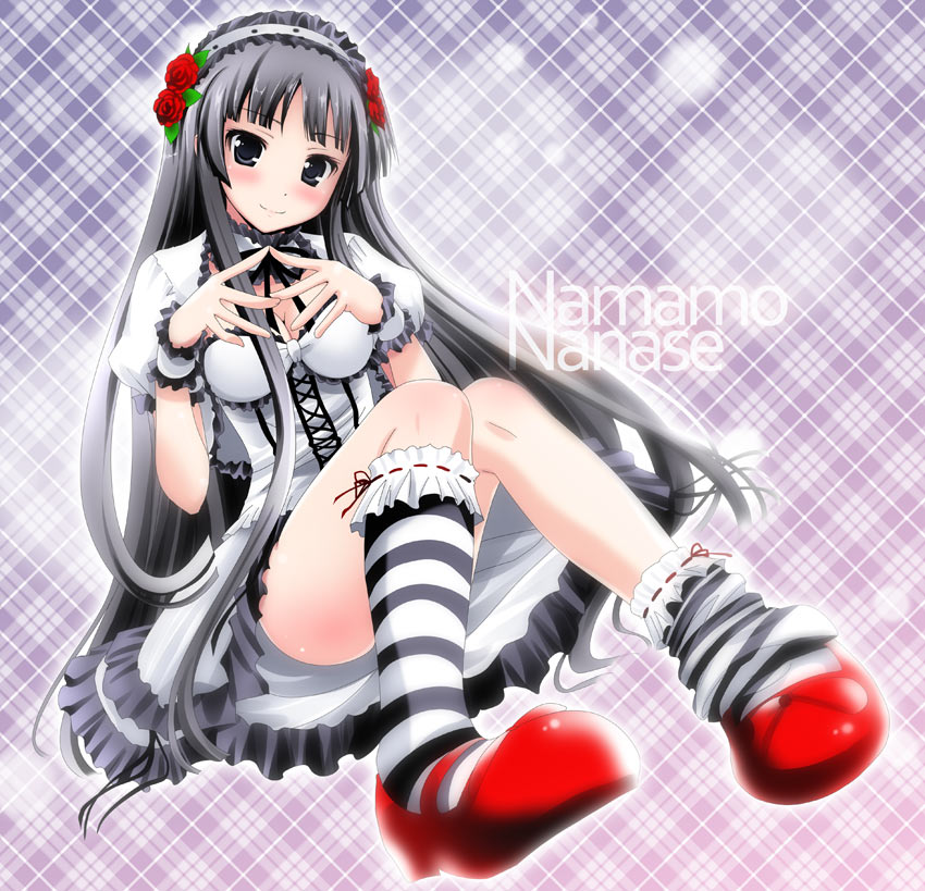 namamo nanase, akiyama mio, suzumiya haruhi, don't say "lazy", k-on!, suzumiya haruhi no yuuutsu, 1girl, black eyes, black hair, blush, breasts, cleavage, cosplay, dress, female focus, full body, gothic lolita, kneehighs, lolita fashion, long hair, patterned legwear, shoes, socks, solo, striped clothes, striped socks, suzumiya haruhi (cosplay), two-tone stripes