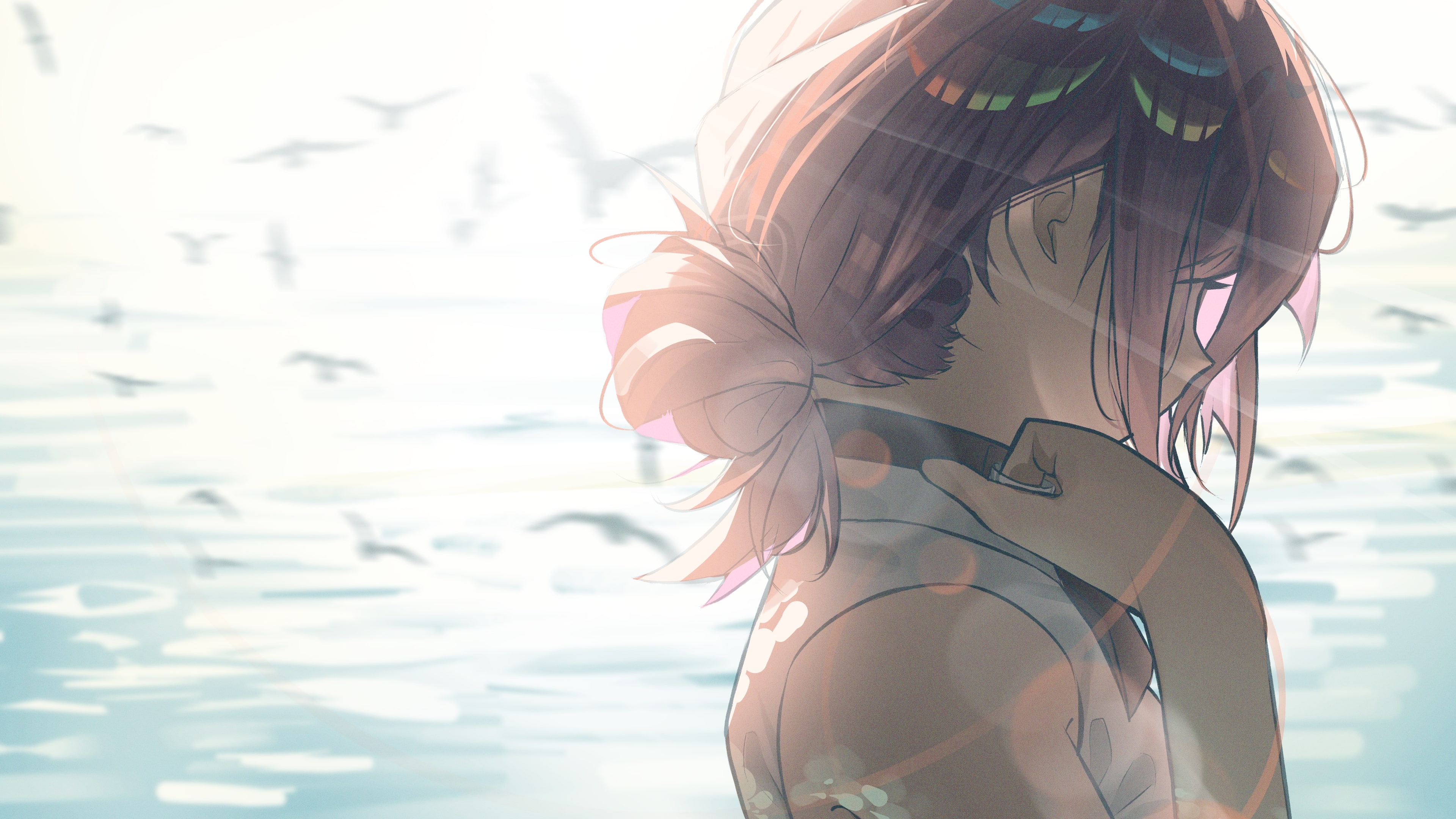 eric tran, reze (chainsaw man), chainsaw man, absurdres, highres, 1girl, beach, black choker, choker, collared shirt, grenade pin, hair bun, ocean, outdoors, purple hair, shirt, simple bird, sleeveless, sleeveless shirt, solo, white shirt