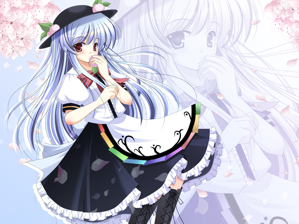hiyori-o, hinanawi tenshi, touhou, bad id, bad pixiv id, 1girl, blue hair, blush, female focus, food, fruit, hat, long hair, peach, petals, red eyes, solo, zoom layer
