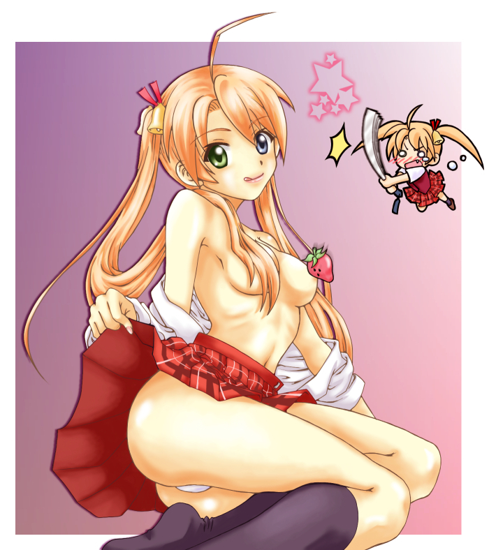 piyohiko, kagurazaka asuna, mahou sensei negima!, bad id, bad pixiv id, 00s, 1girl, :d, ahoge, ass, bell, breasts, censored, censored nipples, chibi, clothes lift, convenient censoring, ensis exorcizans, food, fruit, hair bell, hair censor, hair ornament, hair over breasts, hand fan, harisen, heterochromia, kneehighs, long hair, open mouth, orange hair, panties, plaid clothes, plaid skirt, school uniform, skirt, skirt lift, smile, socks, strawberry, tongue, twintails, underwear, undressing