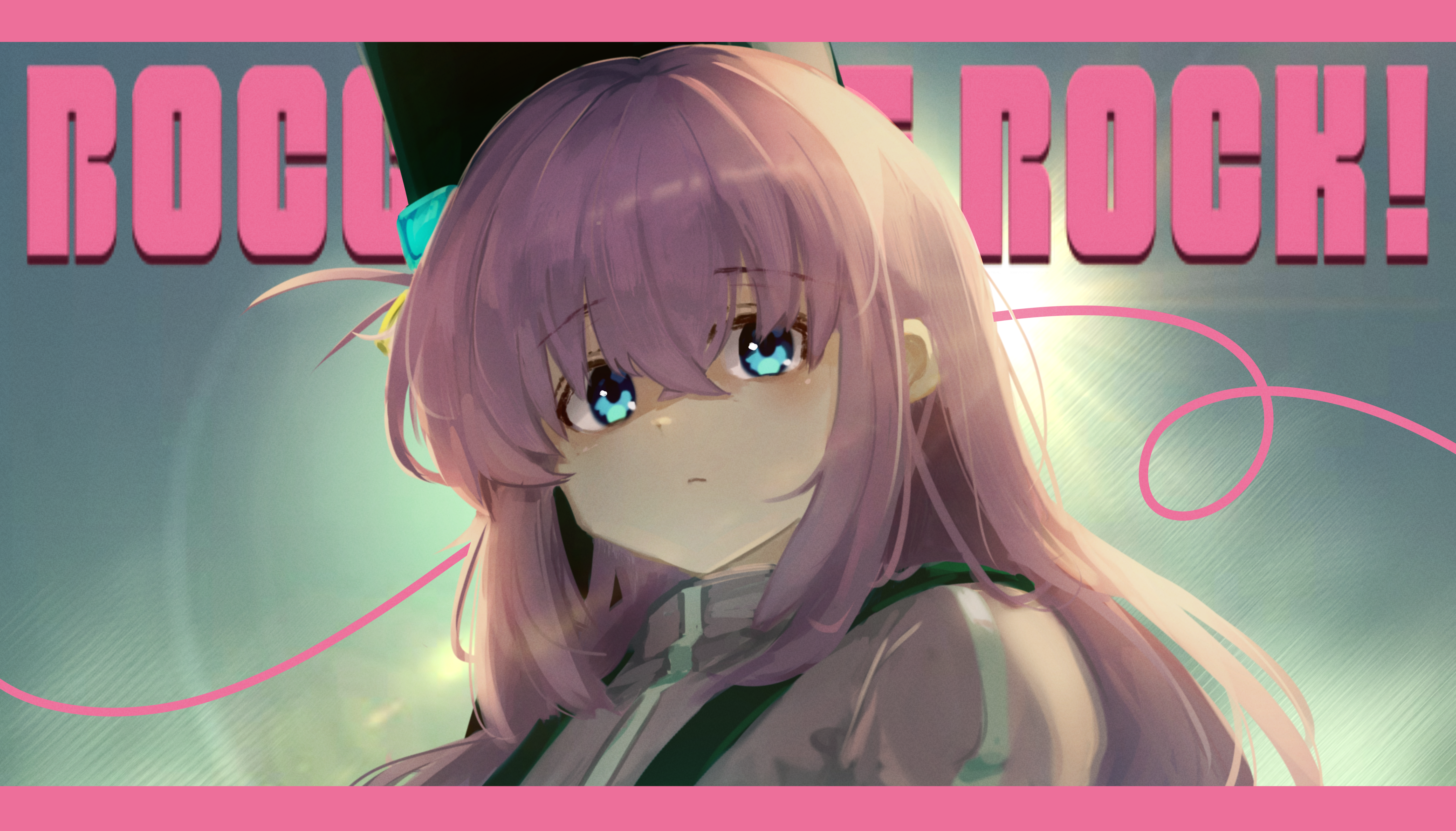 gotoh hitori, bocchi the rock!, absurdres, chinese commentary, commentary request, highres, 1girl, blue eyes, closed mouth, copyright name, crossed bangs, cube hair ornament, expressionless, hair ornament, jacket, long bangs, long hair, looking at viewer, pink hair, pink jacket, pink theme, portrait, pstoo, solo, wispy bangs