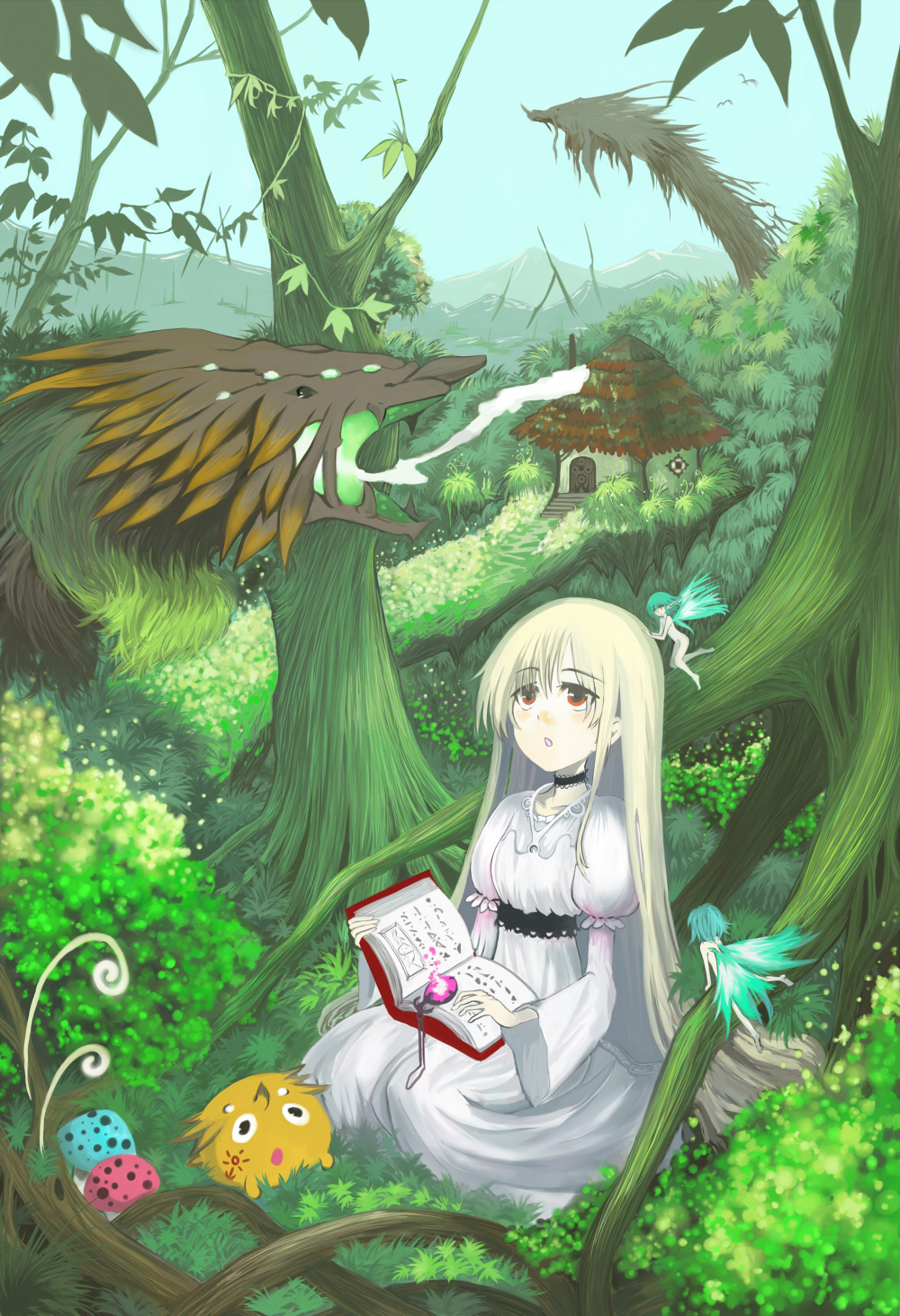sasurai susuki, susuki (pixiv), original, highres, 1girl, animal, bird, blonde hair, book, bush, choker, day, dress, fairy, fairy wings, female focus, forest, grass, house, leaf, long hair, long sleeves, looking up, monster, mountain, mushroom, nature, open mouth, puffy sleeves, red eyes, sitting, sky, smoke, solo, tree, very long hair, white dress, wide sleeves, wings